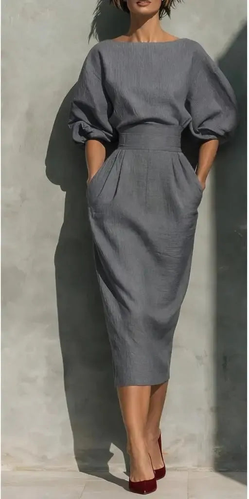 Women's Elegant Pleated Midi Wedding Guest Dresses with Lantern Sleeve