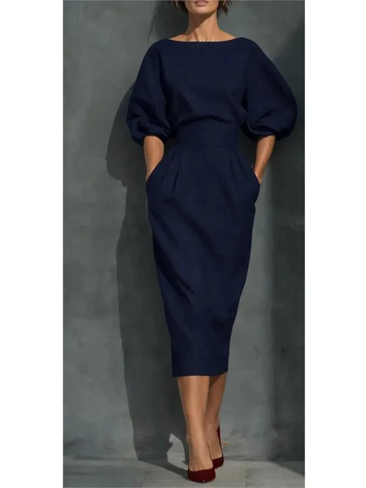 Women's Elegant Pleated Midi Wedding Guest Dresses with Lantern Sleeve