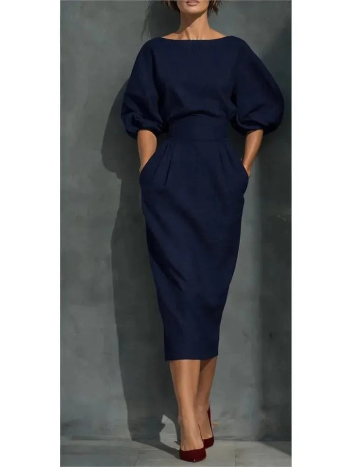 Women's Elegant Pleated Midi Wedding Guest Dresses with Lantern Sleeve