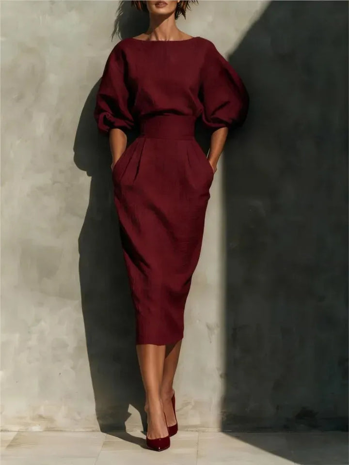 Women's Elegant Pleated Midi Wedding Guest Dresses with Lantern Sleeve