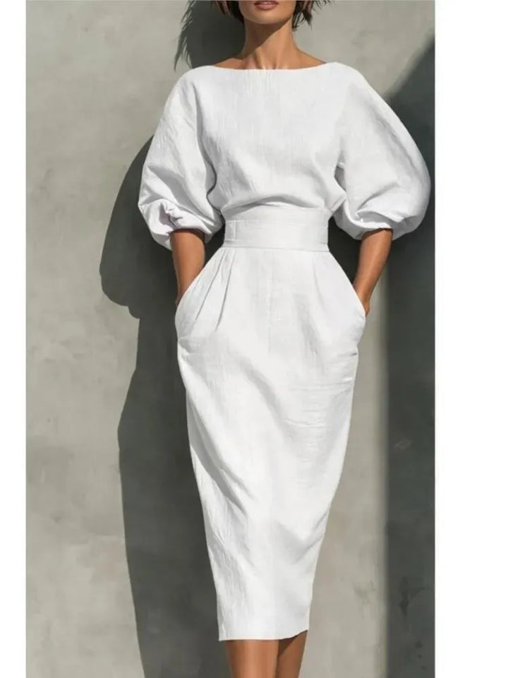 Women's Elegant Pleated Midi Wedding Guest Dresses with Lantern Sleeve