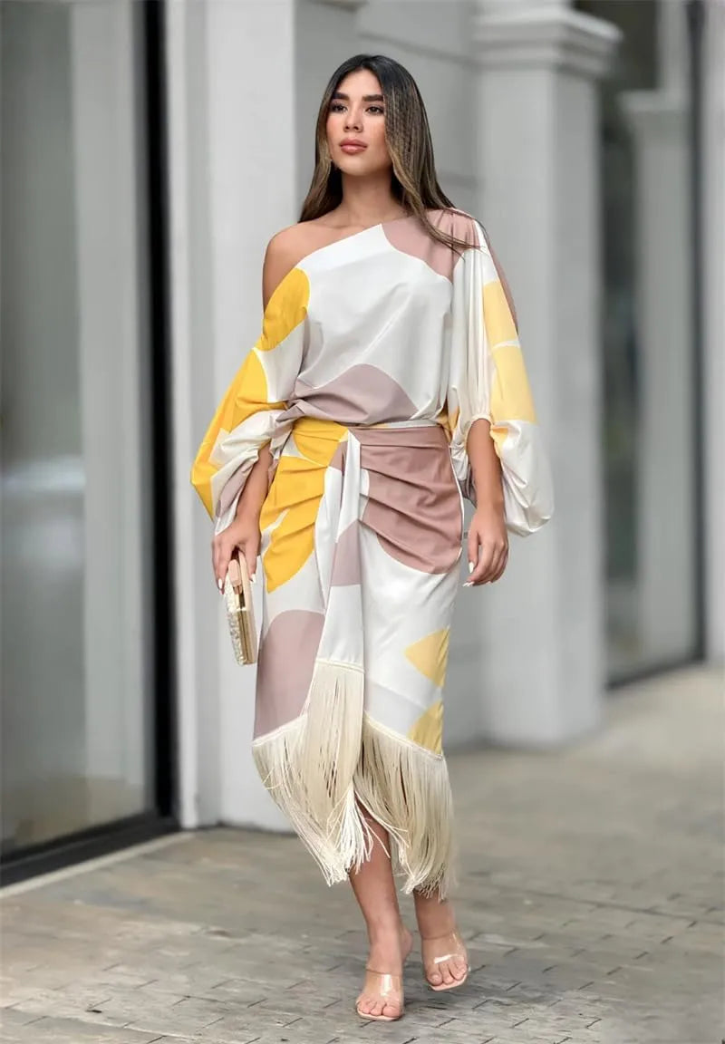 Women's Elegant Puff Sleeve Midi Wedding Guest Dress with One Shoulder