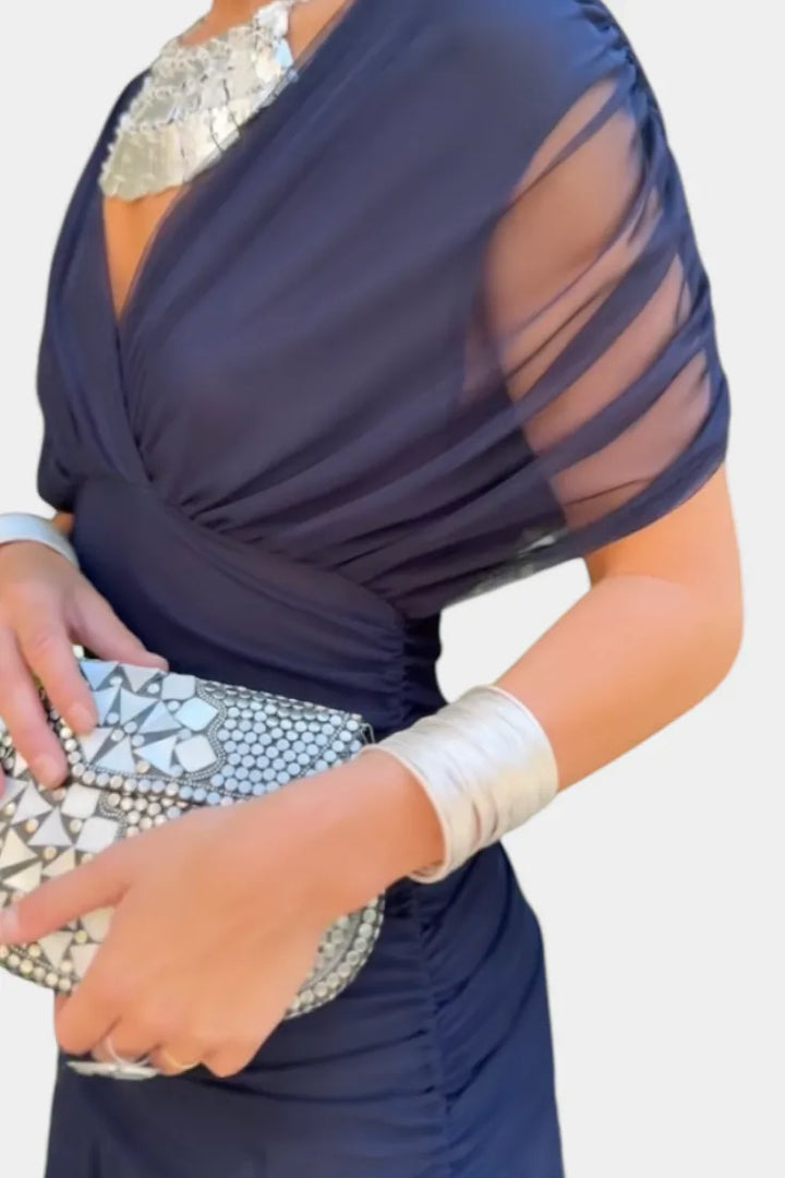 Women's Elegant Ruched Maxi Wedding Guest Dress with Off Shoulder
