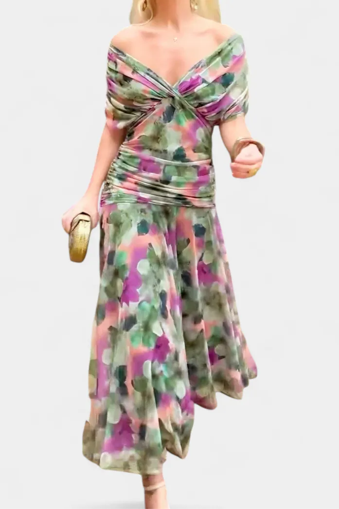 Women's Elegant Ruched Maxi Wedding Guest Dress with Off Shoulder