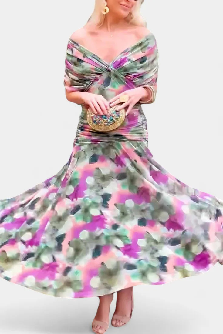 Women's Elegant Ruched Maxi Wedding Guest Dress with Off Shoulder