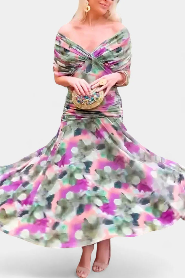 Women's Elegant Ruched Maxi Wedding Guest Dress with Off Shoulder