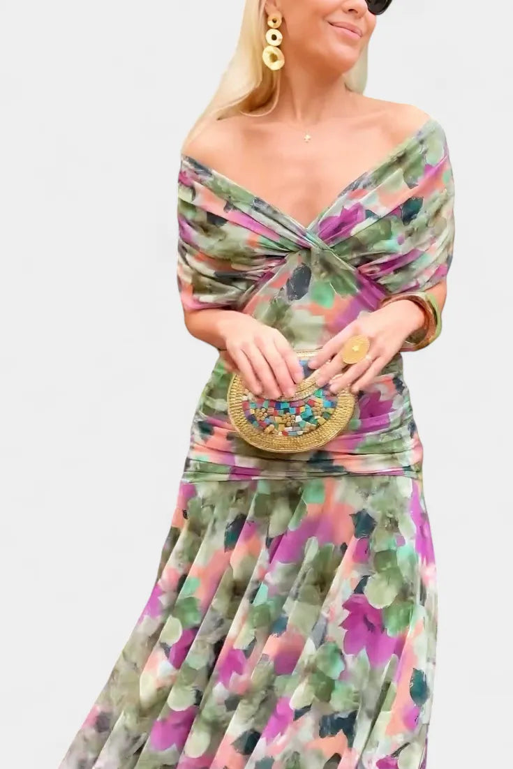 Women's Elegant Ruched Maxi Wedding Guest Dress with Off Shoulder