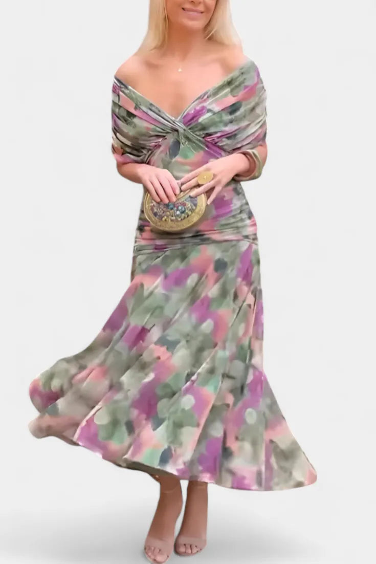 Women's Elegant Ruched Maxi Wedding Guest Dress with Off Shoulder