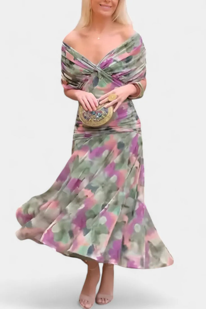 Women's Elegant Ruched Maxi Wedding Guest Dress with Off Shoulder