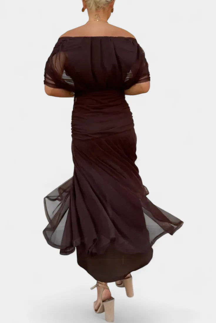 Women's Elegant Ruched Maxi Wedding Guest Dress with Off Shoulder