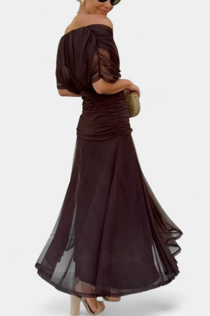 Women's Elegant Ruched Maxi Wedding Guest Dress with Off Shoulder