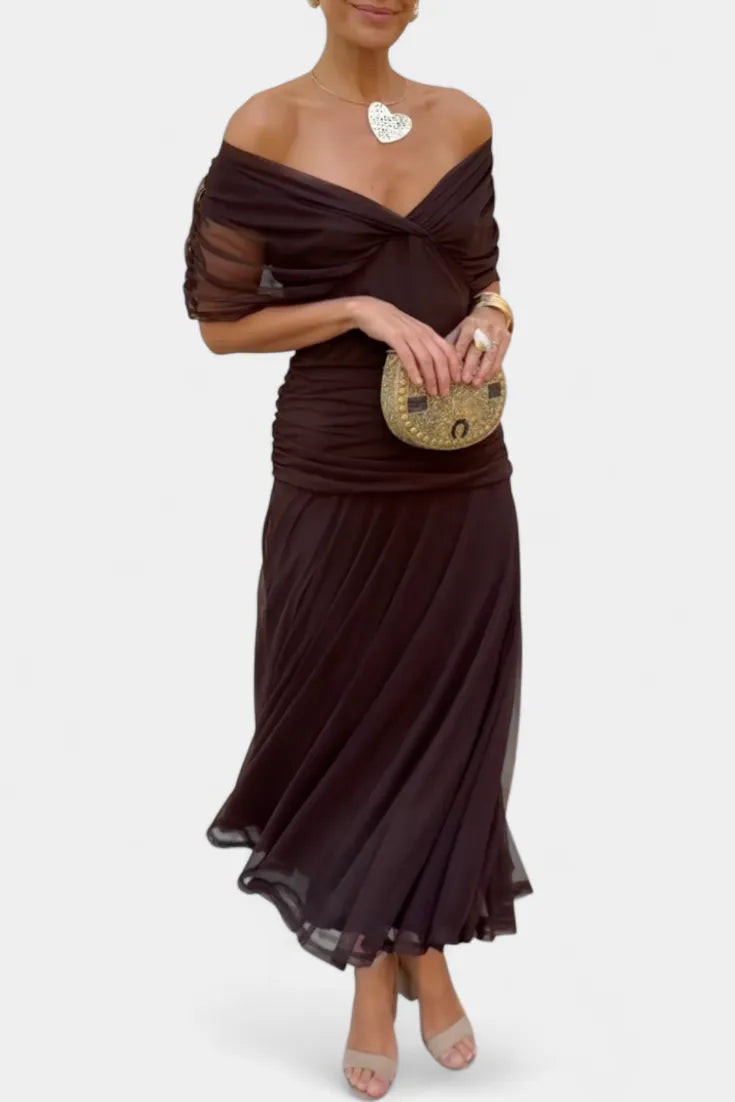 Women's Elegant Ruched Maxi Wedding Guest Dress with Off Shoulder