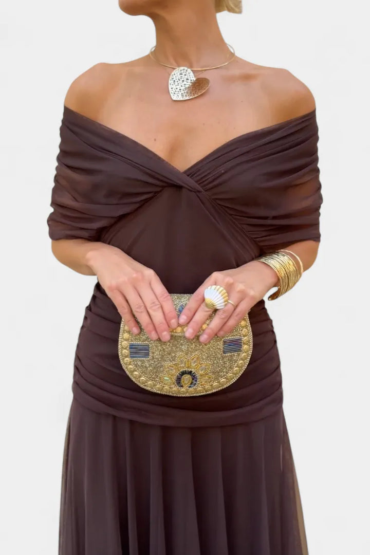 Women's Elegant Ruched Maxi Wedding Guest Dress with Off Shoulder