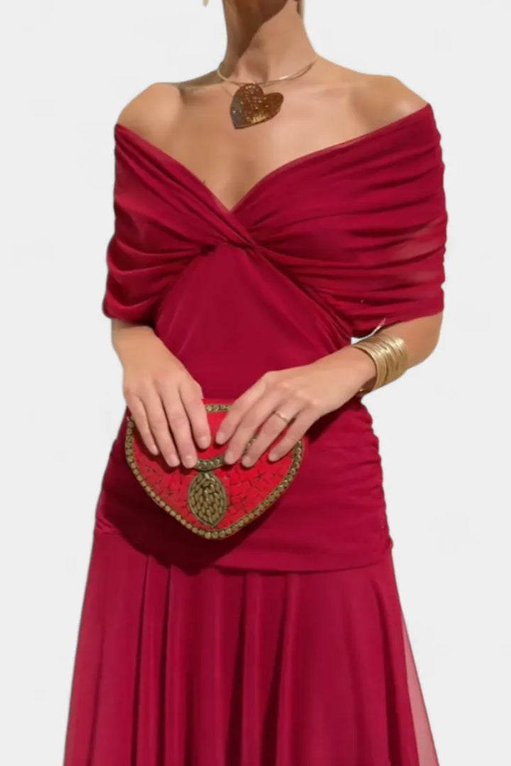 Women's Elegant Ruched Maxi Wedding Guest Dress with Off Shoulder
