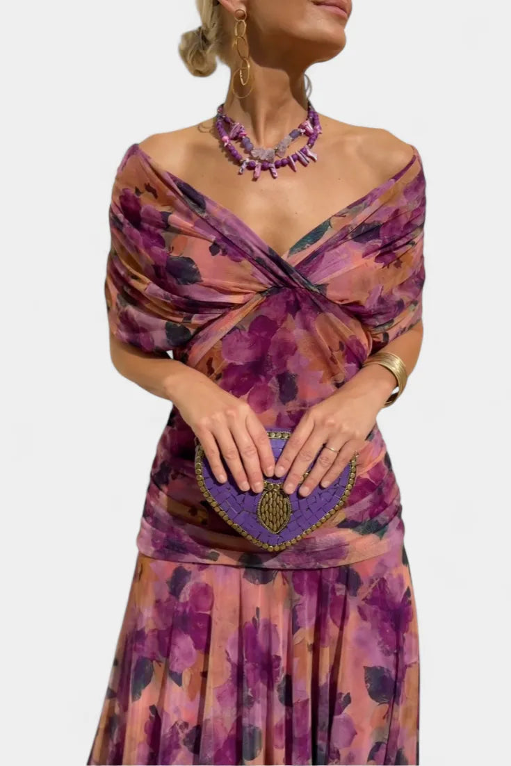 Women's Elegant Ruched Maxi Wedding Guest Dress with Off Shoulder