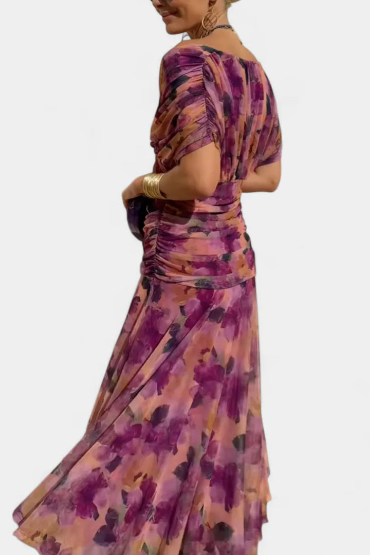Women's Elegant Ruched Maxi Wedding Guest Dress with Off Shoulder