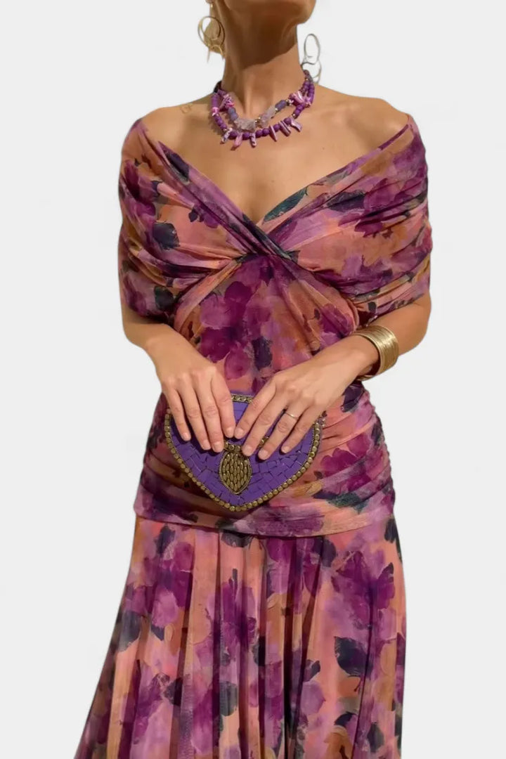 Women's Elegant Ruched Maxi Wedding Guest Dress with Off Shoulder