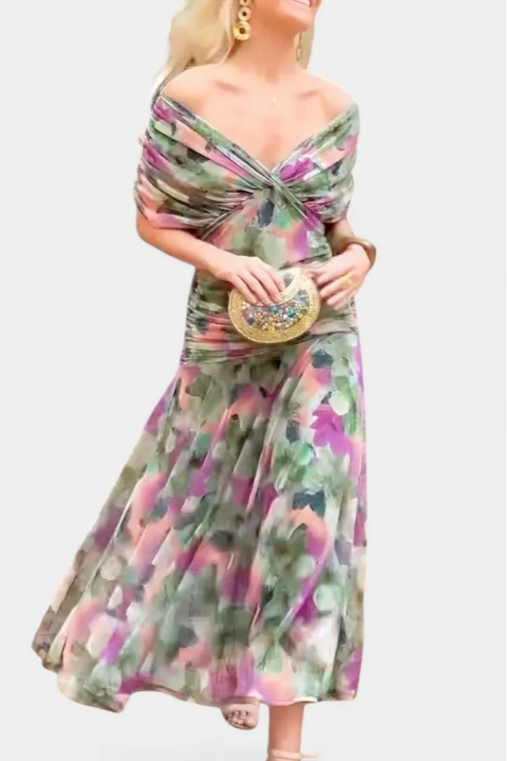 Women's Elegant Ruched Maxi Wedding Guest Dress with Off Shoulder