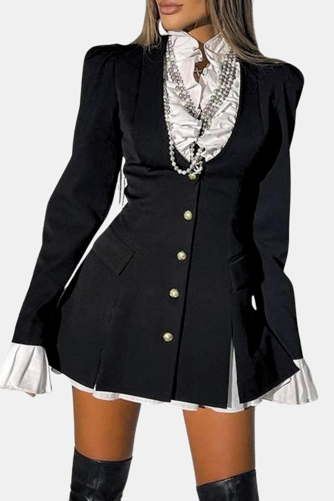Women's Elegant Ruffle Mini Cocktail Dress with Long Sleeve