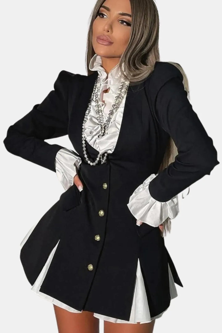 Women's Elegant Ruffle Mini Cocktail Dress with Long Sleeve