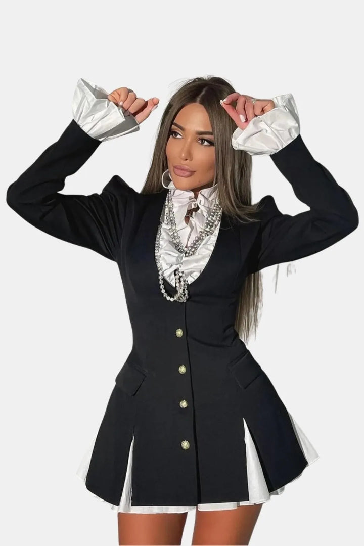 Women's Elegant Ruffle Mini Cocktail Dress with Long Sleeve