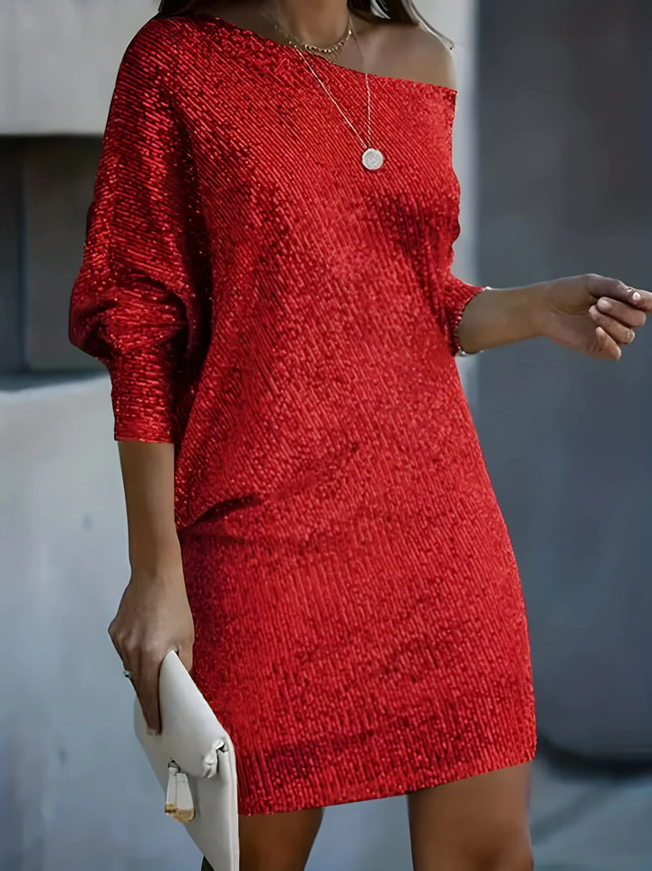 Women's Elegant Sequin Mini Cocktail Dress with Asymmetric Neckline