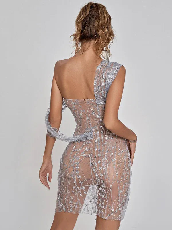 Women's Elegant Sequin Mini Cocktail Dress with One Shoulder and Slit