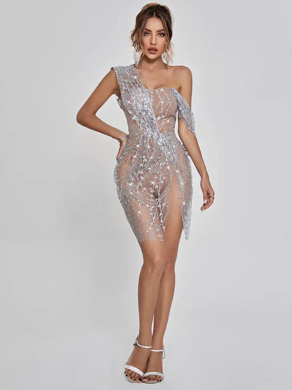 Women's Elegant Sequin Mini Cocktail Dress with One Shoulder and Slit