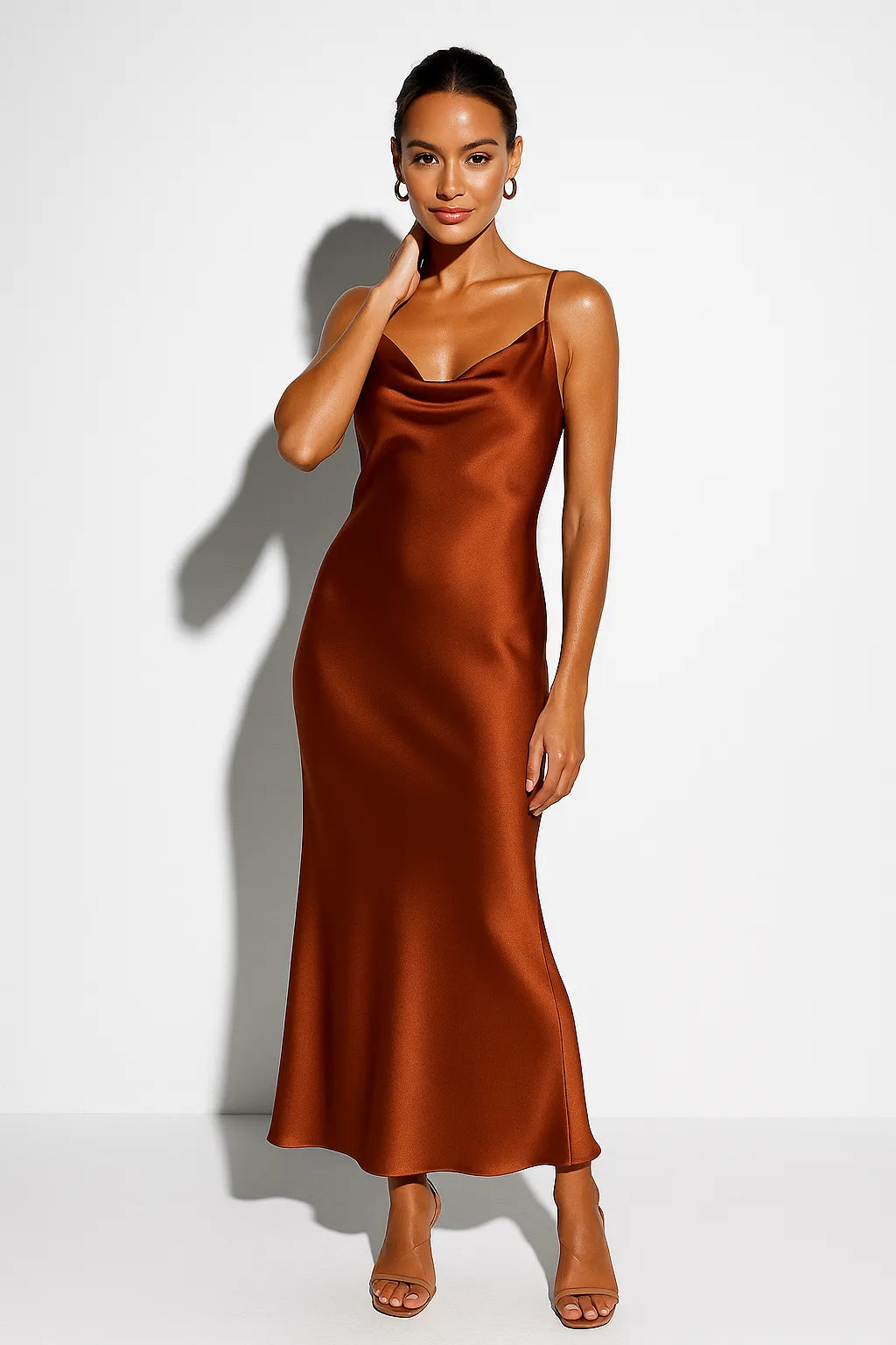 Women's Elegant Sleeveless Maxi Wedding Guest Dress with Cowl Neckline