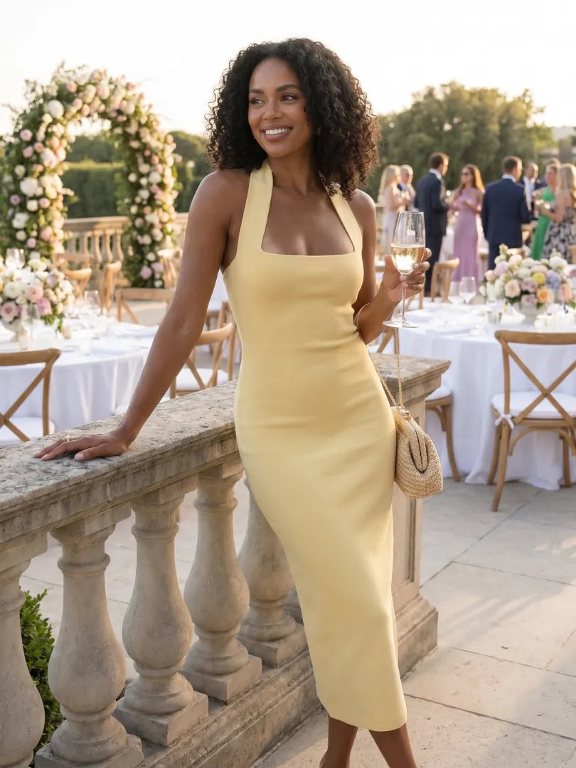 Women's Elegant Sleeveless Midi Wedding Guest Dress with Halter Neck