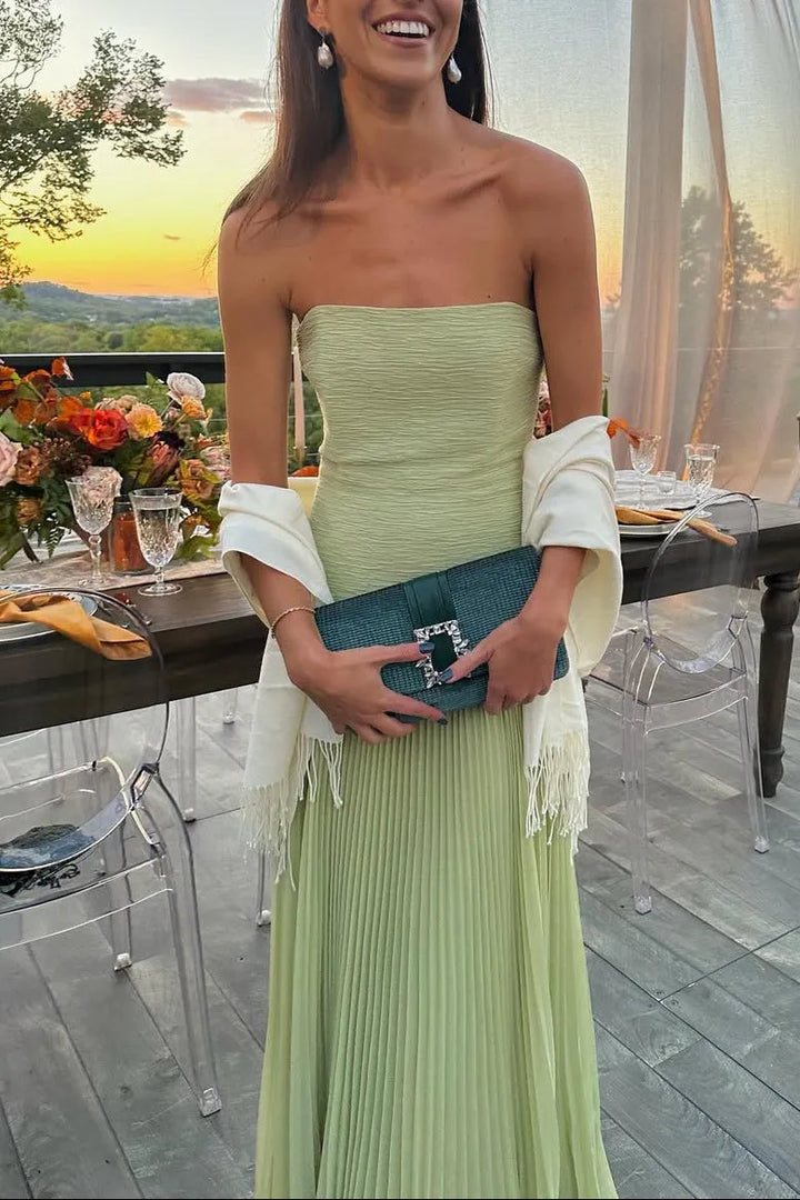 Women's Elegant Strapless Maxi Wedding Guest Dress with Pleated Details