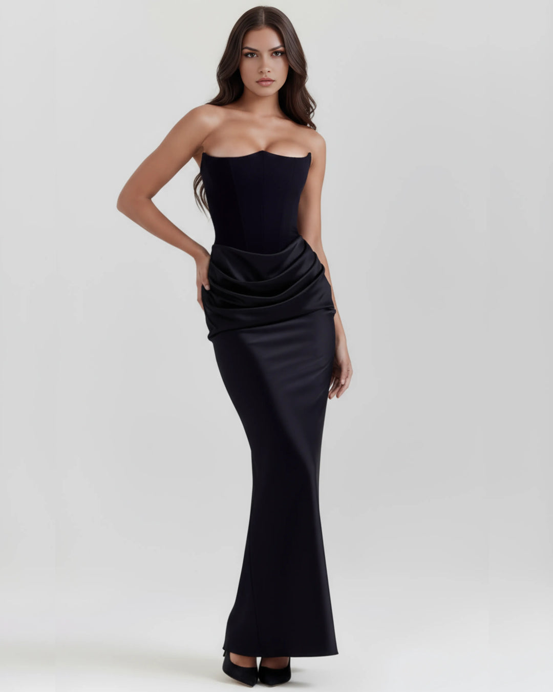 Women's Elegant Strapless Maxi Wedding Guest Dress with Ruched Detail