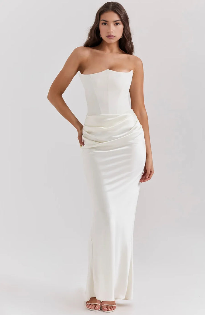Women's Elegant Strapless Maxi Wedding Guest Dress with Ruched Waist