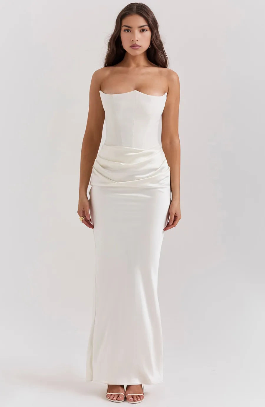 Women's Elegant Strapless Maxi Wedding Guest Dress with Ruched Waist