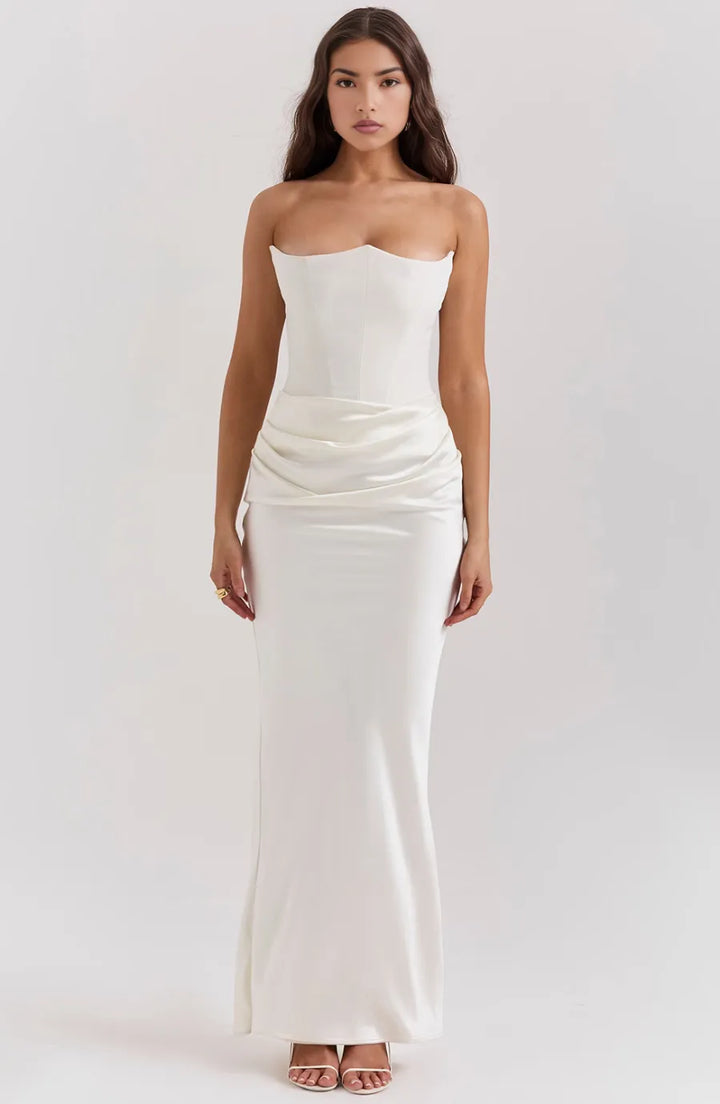 Women's Elegant Strapless Maxi Wedding Guest Dress with Ruched Waist