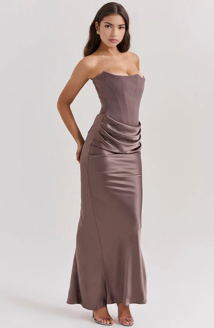 Women's Elegant Strapless Maxi Wedding Guest Dress with Ruched Waist