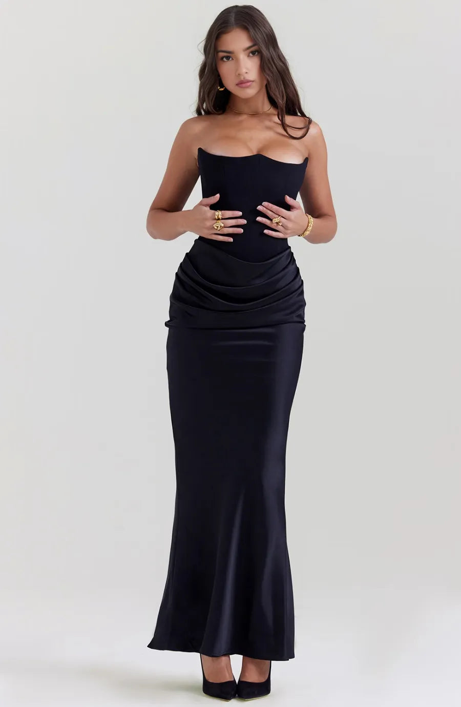 Women's Elegant Strapless Maxi Wedding Guest Dress with Ruched Waist