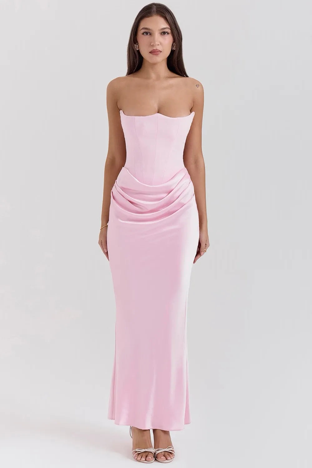 Women's Elegant Strapless Maxi Wedding Guest Dress with Ruched Waist