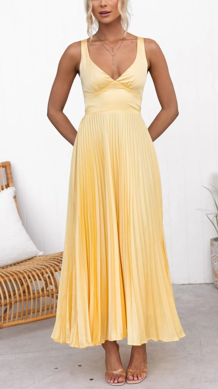 Women's Elegant Summer Maxi Wedding Guest Dress with Pleated Skirt