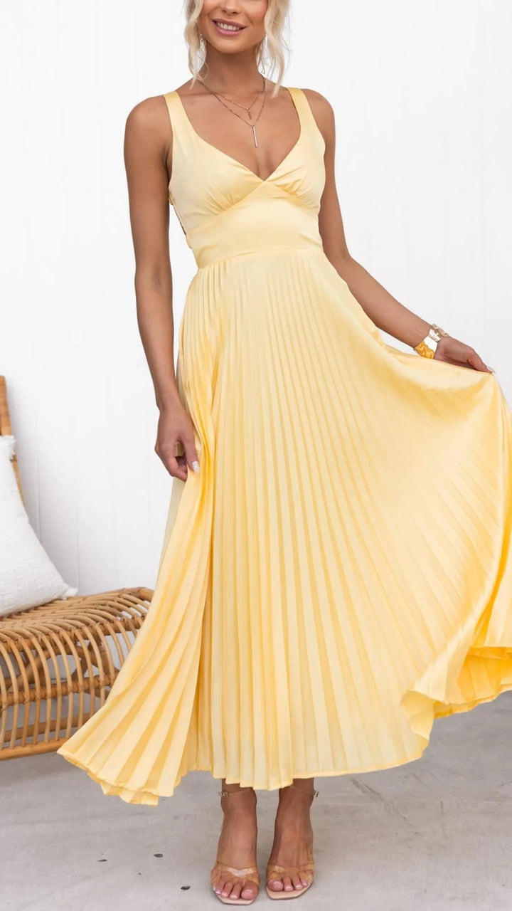 Women's Elegant Summer Maxi Wedding Guest Dress with Pleated Skirt