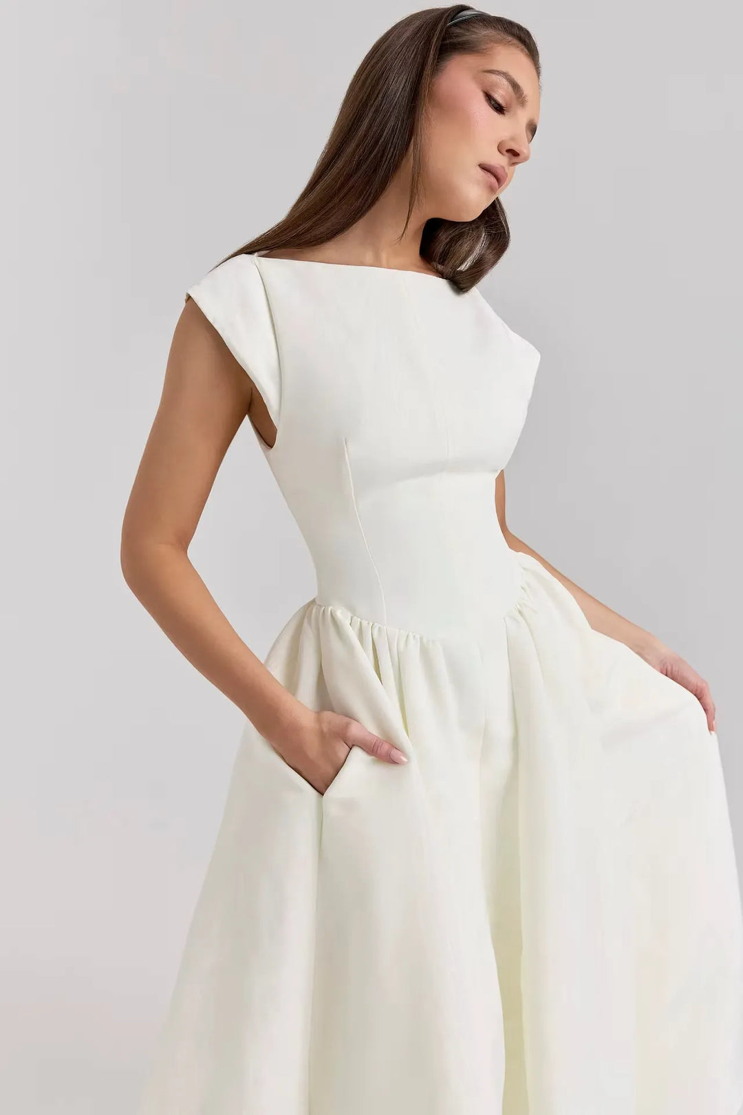 Women's Elegant Vintage Midi Wedding Guest Dress with Boat Neckline