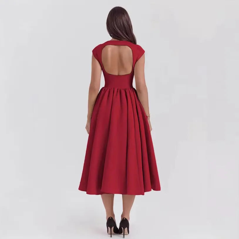 Women's Elegant Vintage Midi Wedding Guest Dress with Boat Neckline