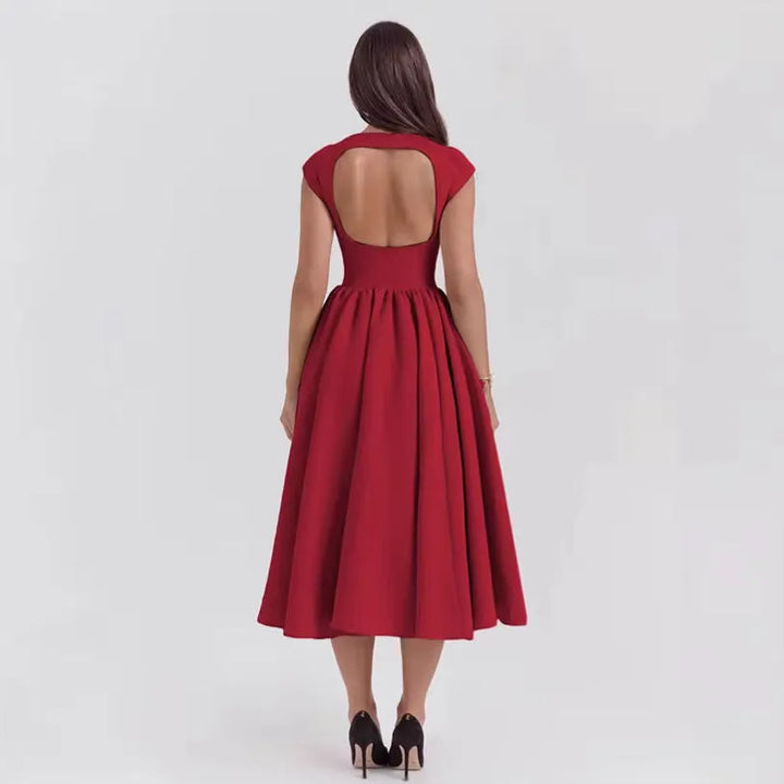 Women's Elegant Vintage Midi Wedding Guest Dress with Boat Neckline