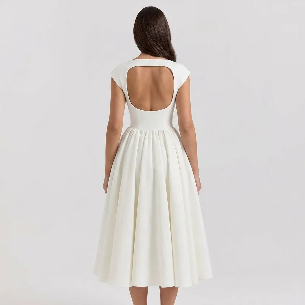 Women's Elegant Vintage Midi Wedding Guest Dress with Boat Neckline