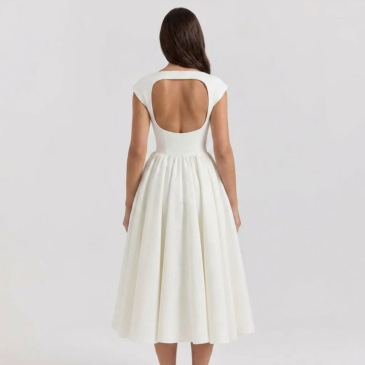 Women's Elegant Vintage Midi Wedding Guest Dress with Boat Neckline