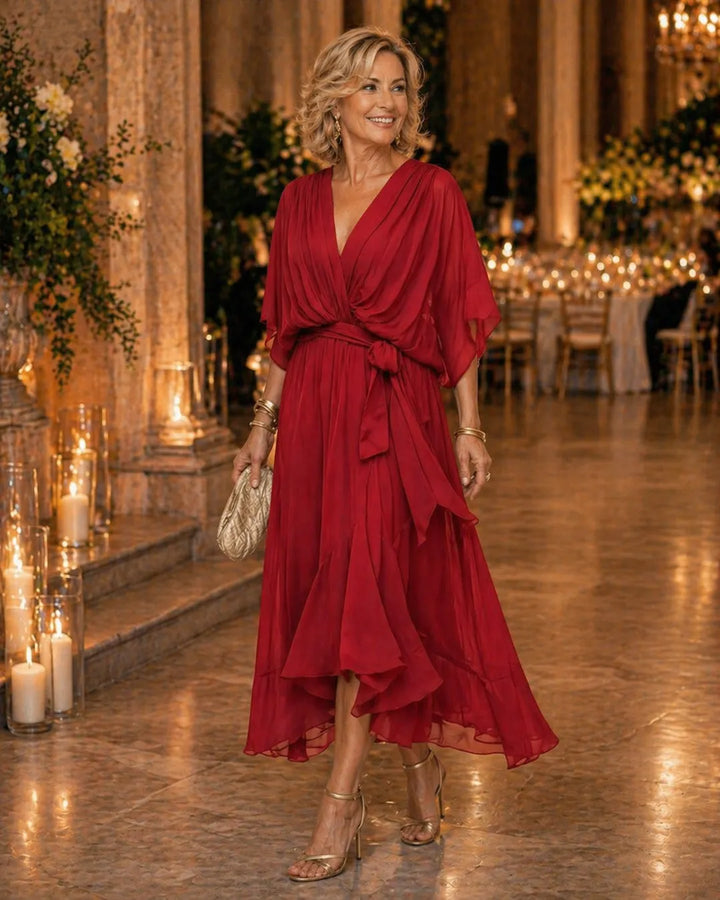 Women's Elegant Wrap Maxi Wedding Guest Dress with V-Neck