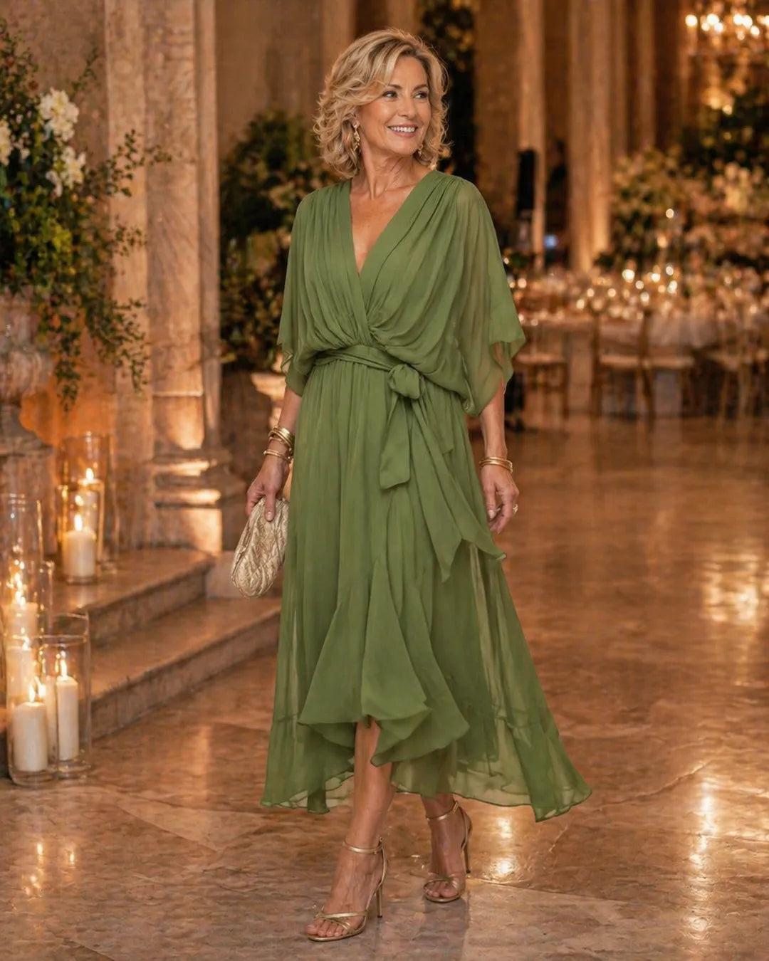 Women's Elegant Wrap Maxi Wedding Guest Dress with V-Neck
