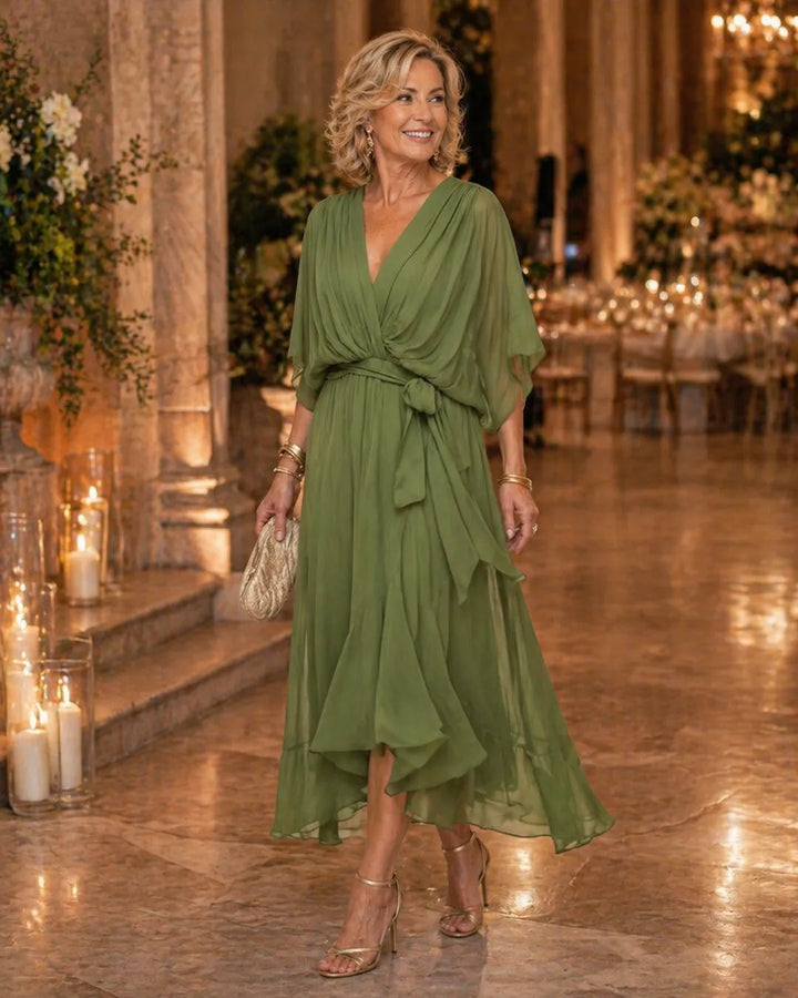 Women's Elegant Wrap Maxi Wedding Guest Dress with V-Neck
