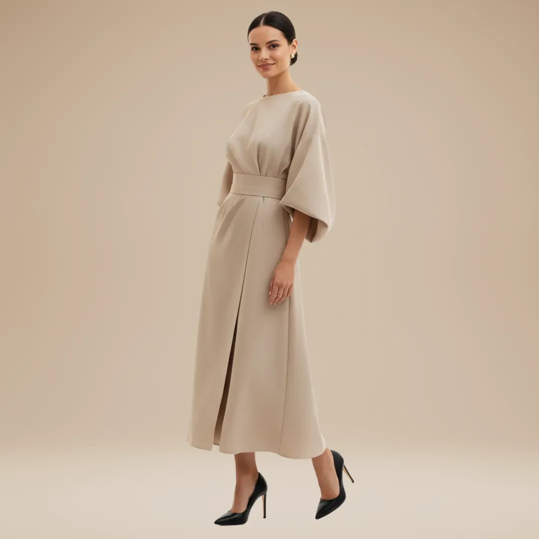 Women's Elegant Wrap Midi Wedding Guest Dress with Round Neckline