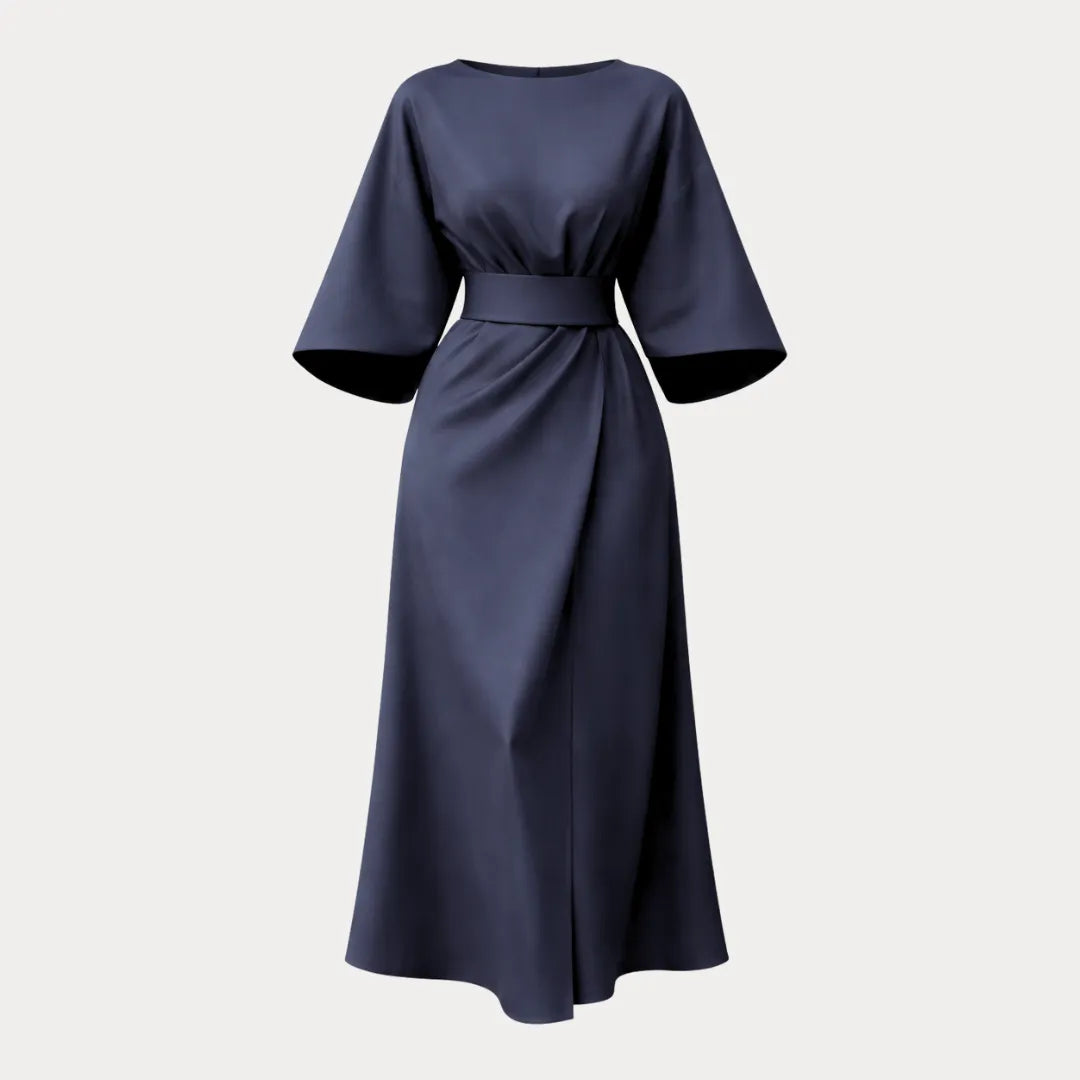 Women's Elegant Wrap Midi Wedding Guest Dress with Round Neckline
